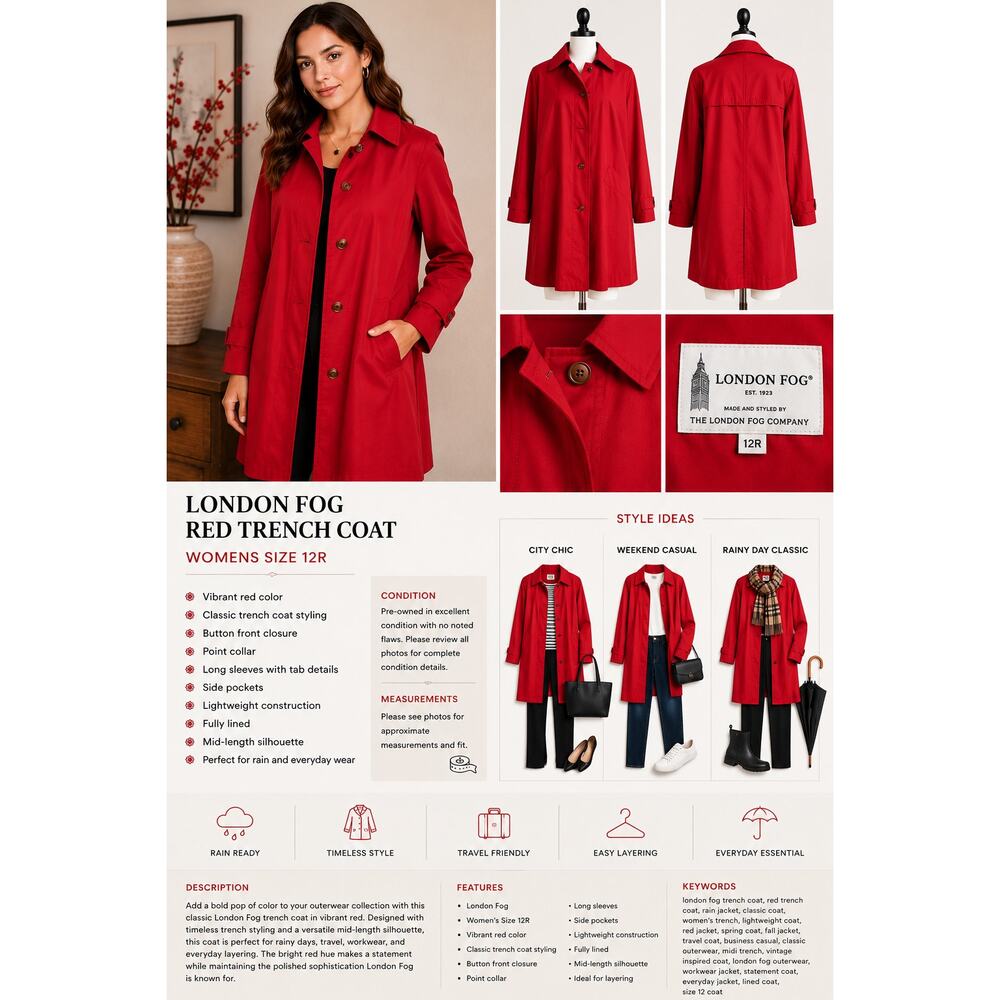 London Fog Red Trench Coat Womens Size 12R Classic Rain Jacket
